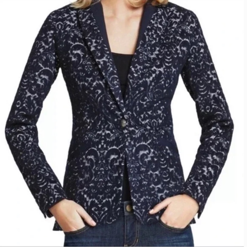 Cabi Style #109 Wool Blend Floral Flower Jacquard Textured Blazer Jacket Blue 6